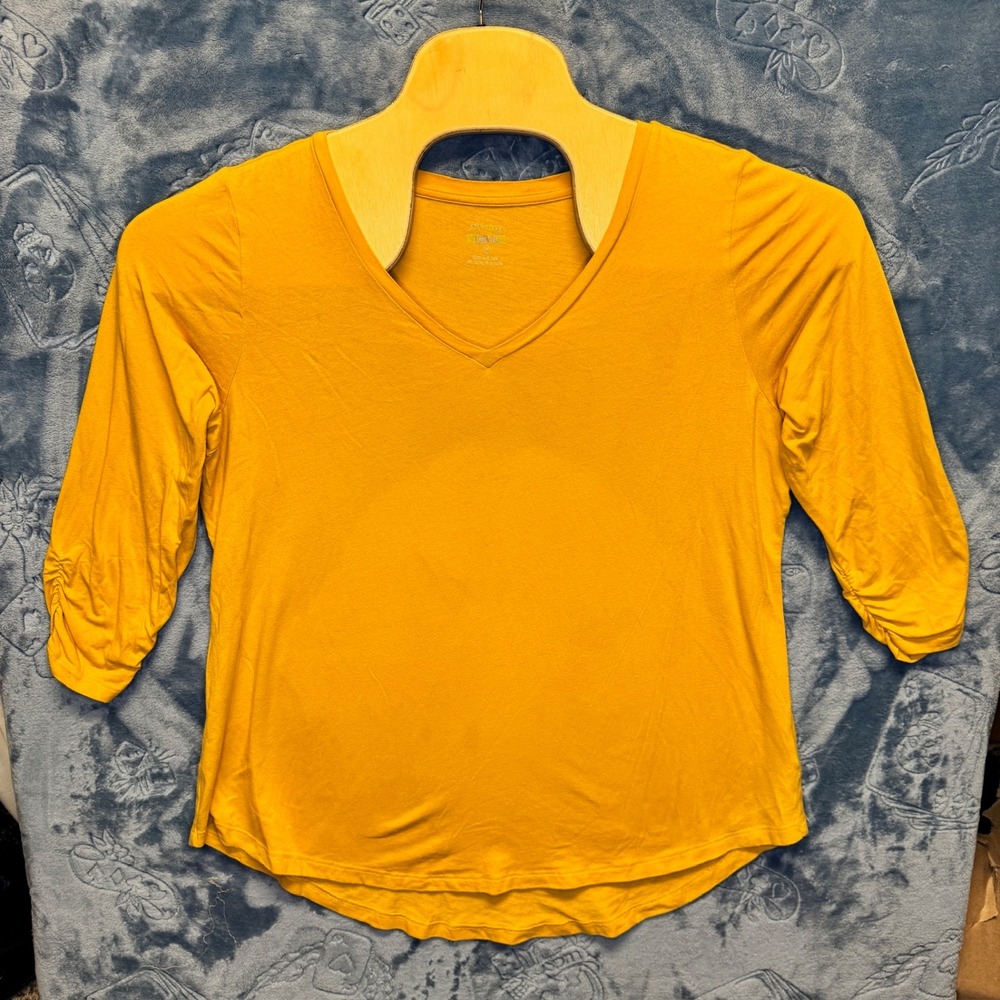 1851 | Style & Co The Essential Tee Ruched 3/4 Sleeve V-Neck Top Yellow Women 1X